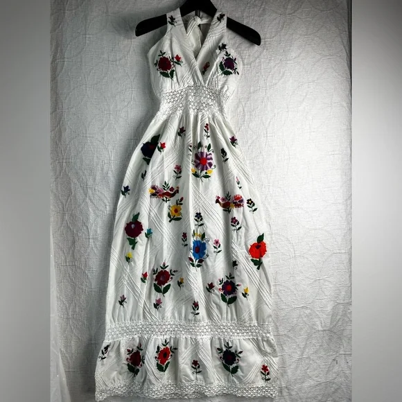 Vintage Dresses | Vintage 70s Mexican Pintuck Halter Handmade Embroidered Floral Fiesta Maxi Dress | Color: Red/White | Size: S See Measurements |